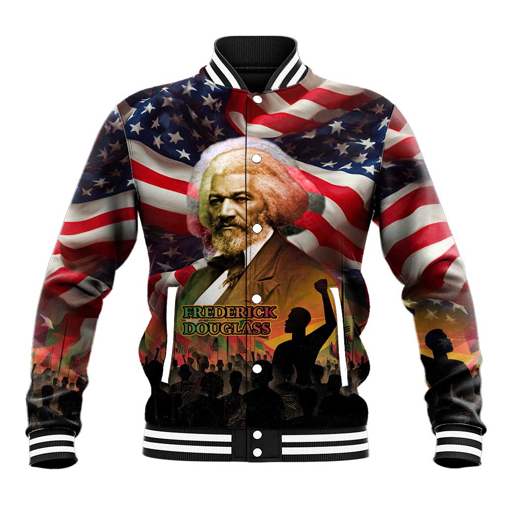 Frederick Douglass Baseball Jacket American Flag Background Powerful Quote Build Strong Children Civil Rights Tribute - Wonder Print Shop