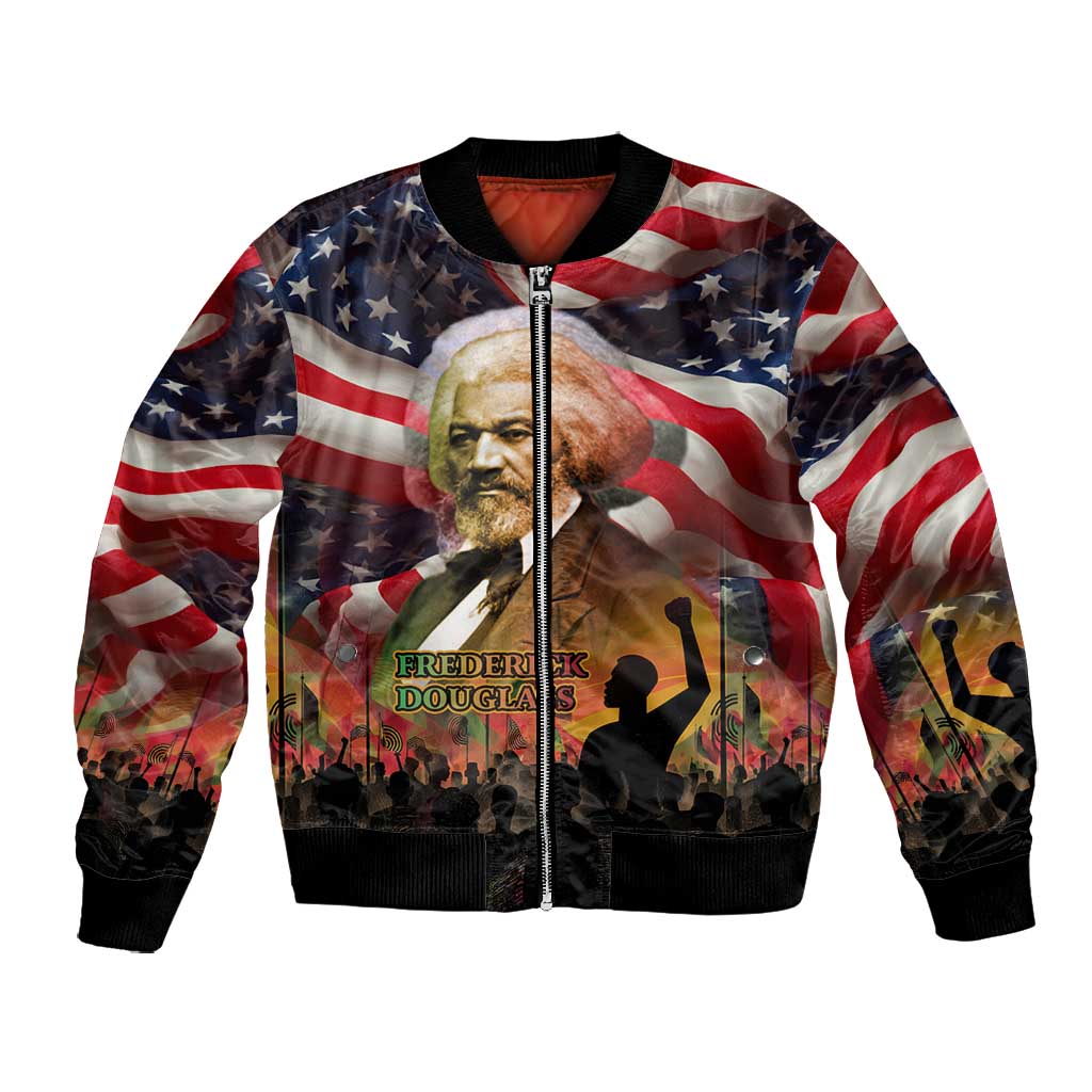 Frederick Douglass Bomber Jacket American Flag Background Powerful Quote Build Strong Children Civil Rights Tribute - Wonder Print Shop