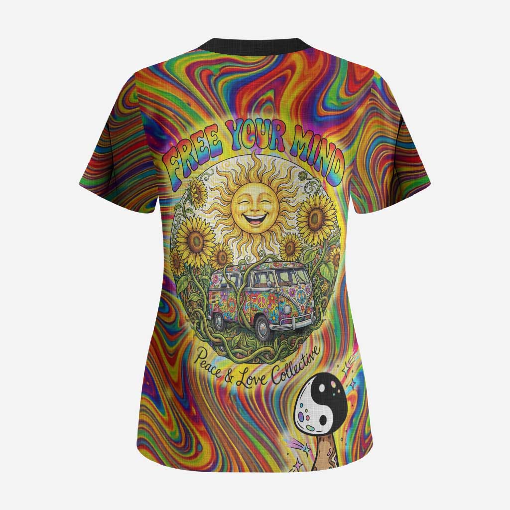 Free Your Mind Peace Love Collective Scrub Top Psychedelic Hippie Vibes