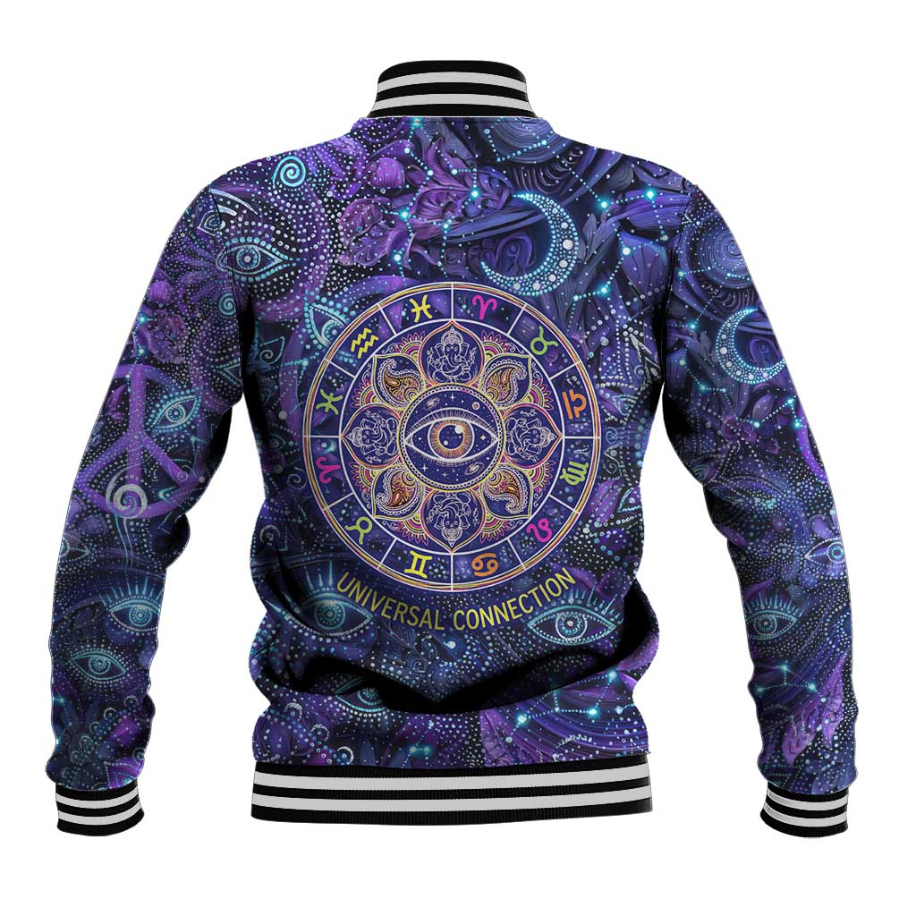Universal Connection Zodiac Baseball Jacket Cosmic Eye and Sacred Om Vibration