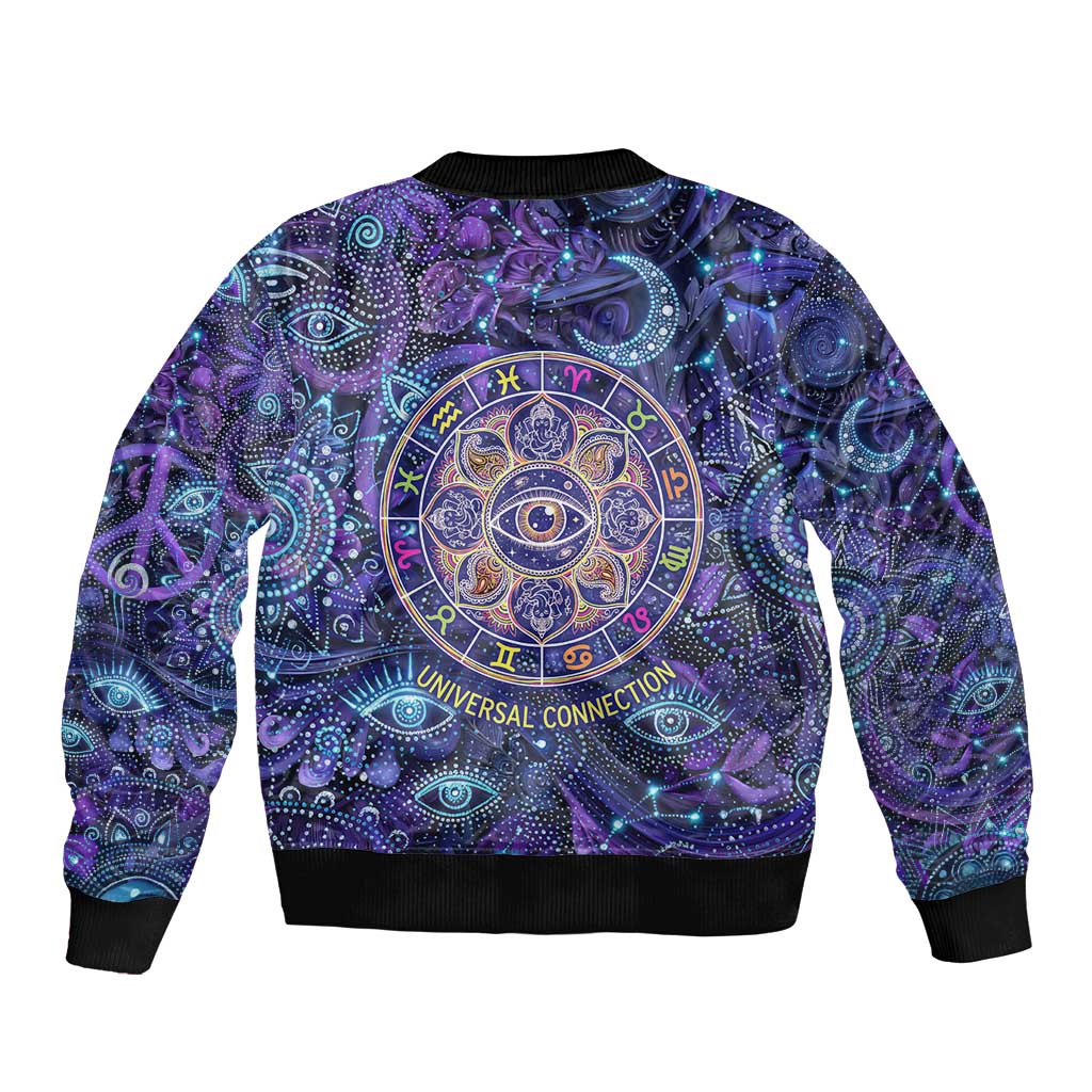Universal Connection Zodiac Bomber Jacket Cosmic Eye and Sacred Om Vibration