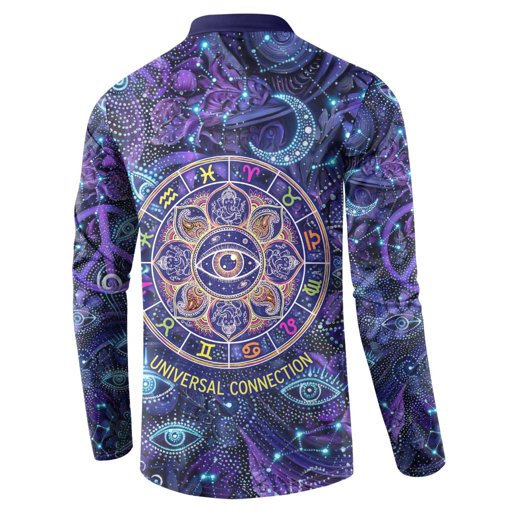 Universal Connection Zodiac Button Sweatshirt Cosmic Eye and Sacred Om Vibration