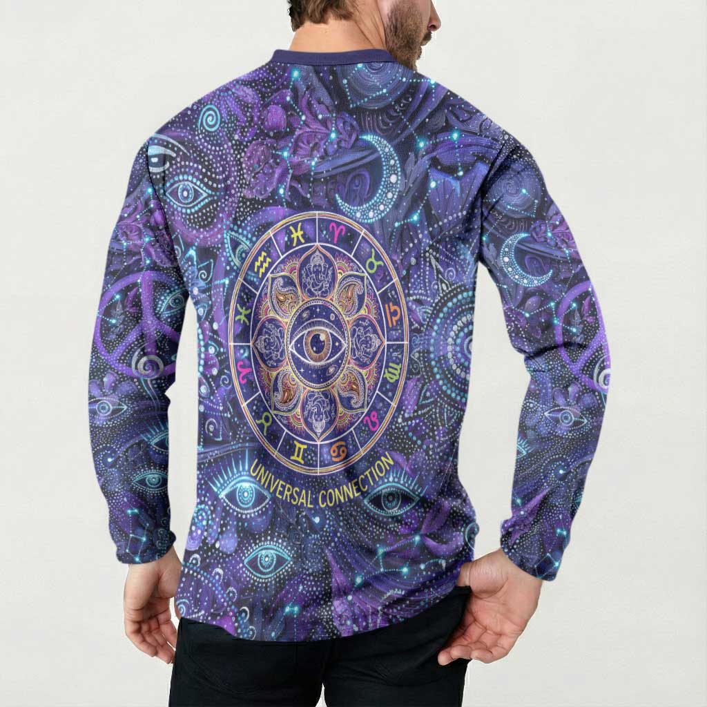 Universal Connection Zodiac Button Sweatshirt Cosmic Eye and Sacred Om Vibration