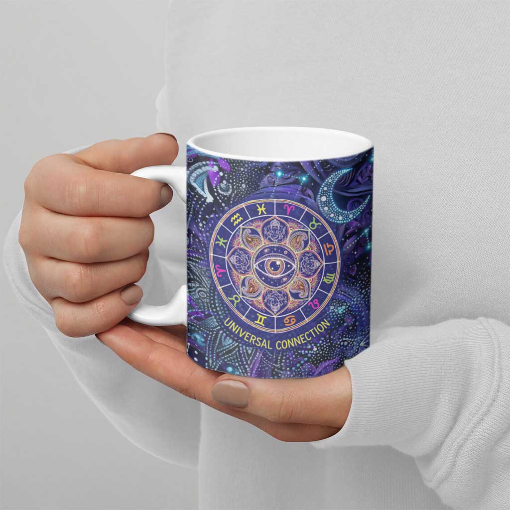 Universal Connection Zodiac Ceramic Mug Cosmic Eye and Sacred Om Vibration