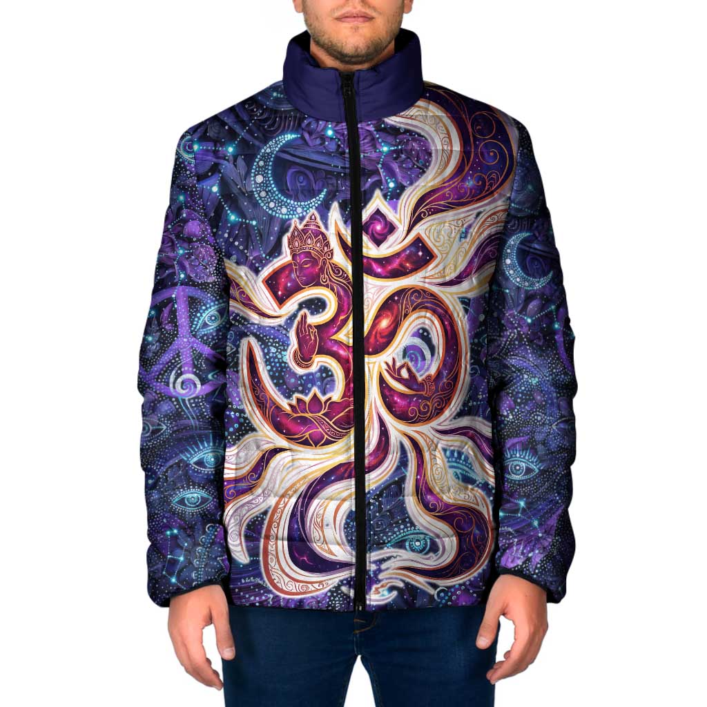 Universal Connection Zodiac Padded Jacket Cosmic Eye and Sacred Om Vibration