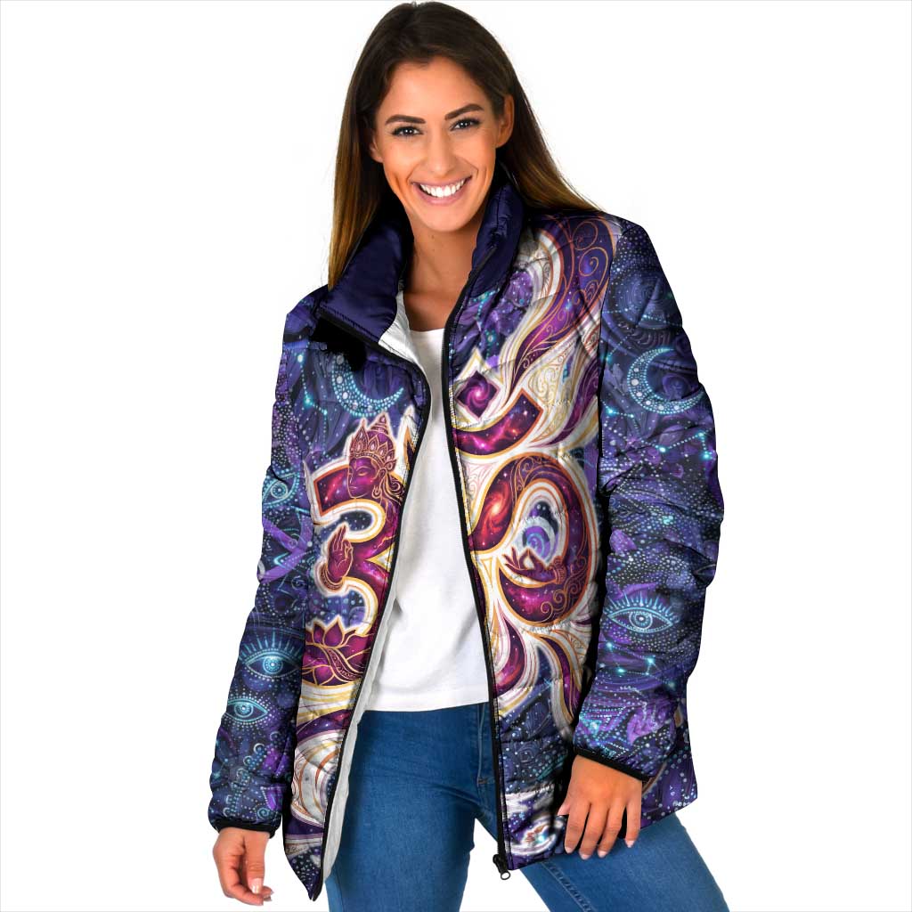 Universal Connection Zodiac Padded Jacket Cosmic Eye and Sacred Om Vibration