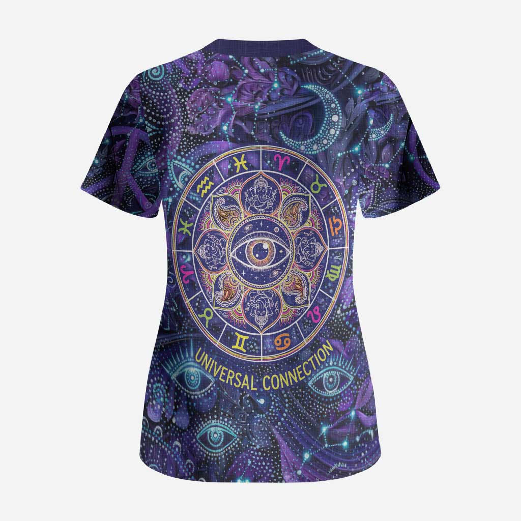 Universal Connection Zodiac Scrub Top Cosmic Eye and Sacred Om Vibration