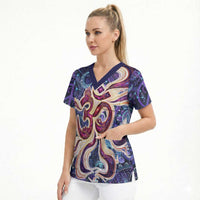 Universal Connection Zodiac Scrub Top Cosmic Eye and Sacred Om Vibration