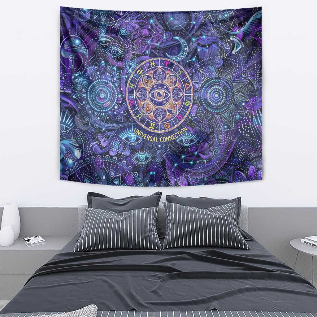 Universal Connection Zodiac Tapestry Cosmic Eye and Sacred Om Vibration