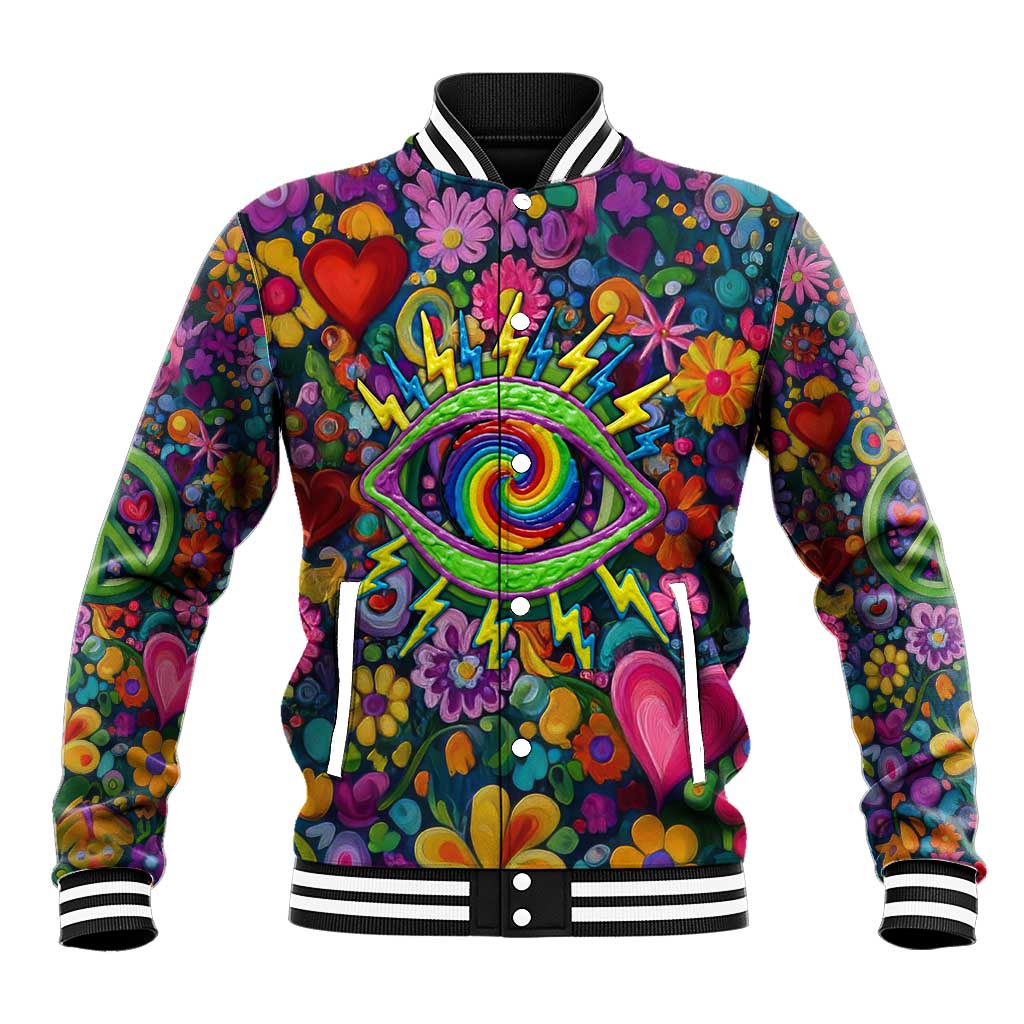 Psychedelic Visionary Woman Hippie Baseball Jacket Tune In, Turn On, Drop Out - Flower Power Awakening
