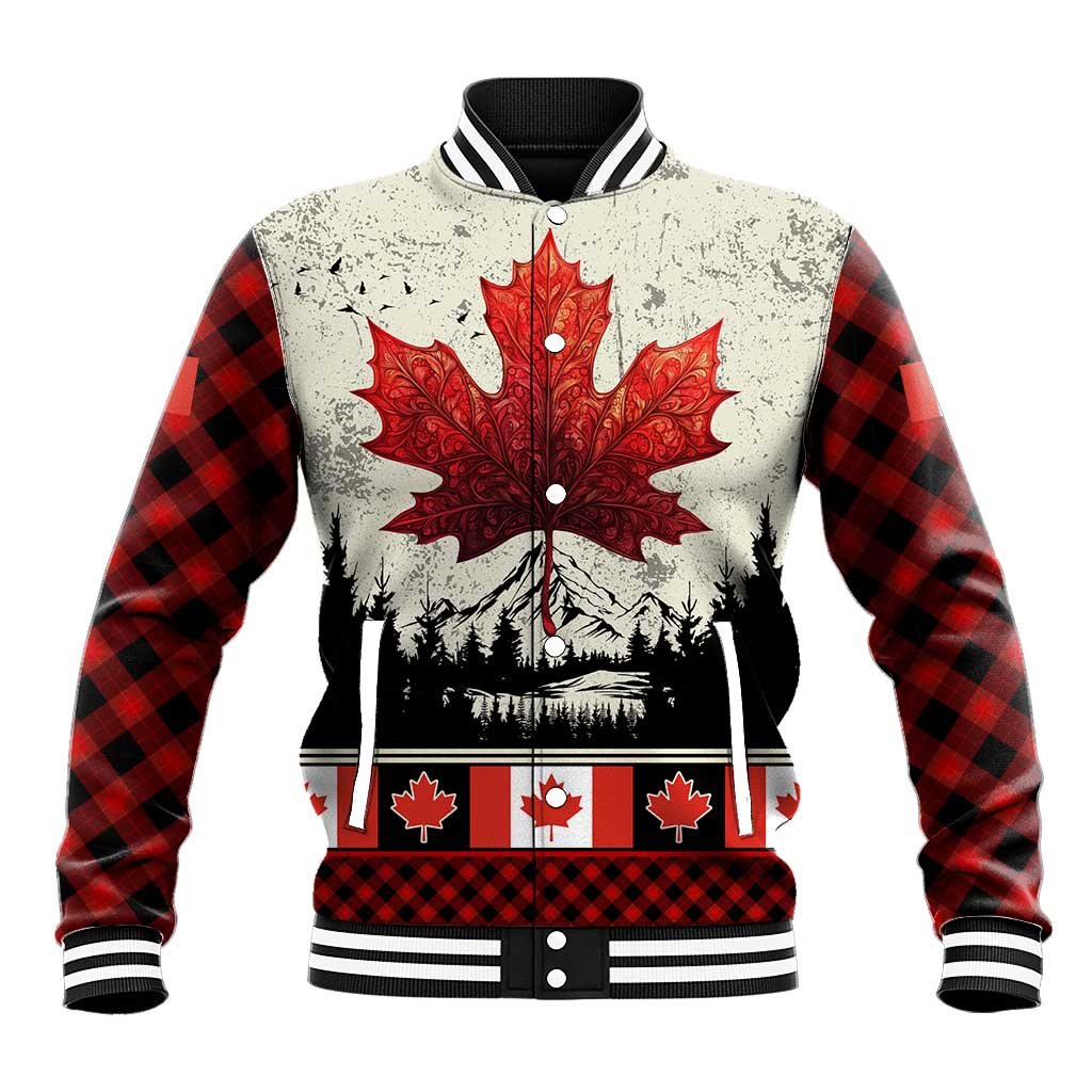 Canada Flag Baseball Jacket Maple Leaf & Plaid Pattern Design