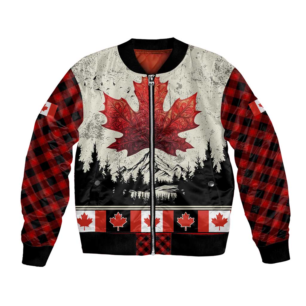 Canada Flag Bomber Jacket Maple Leaf & Plaid Pattern Design