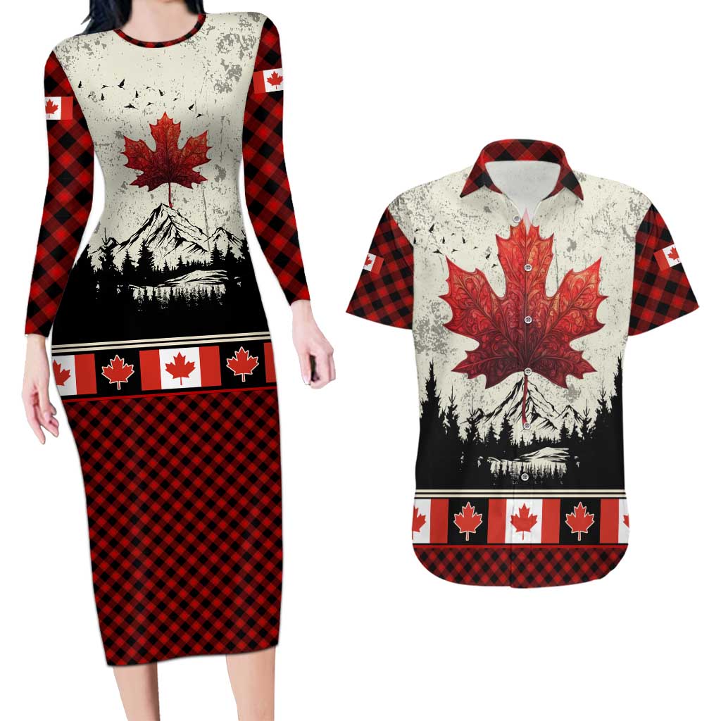 Canada Flag Couples Matching Long Sleeve Bodycon Dress and Hawaiian Shirt Maple Leaf & Plaid Pattern Design