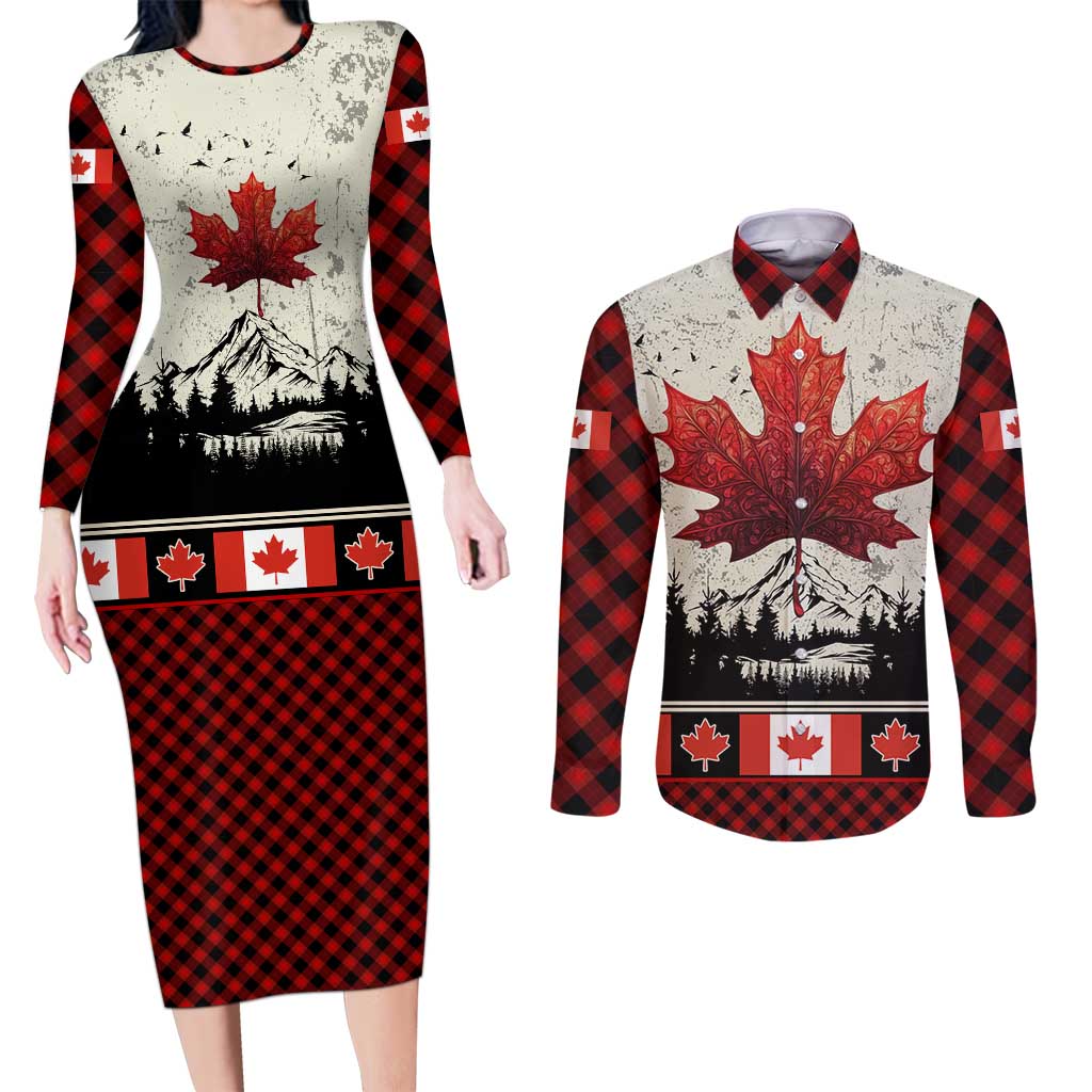 Canada Flag Couples Matching Long Sleeve Bodycon Dress and Long Sleeve Button Shirt Maple Leaf & Plaid Pattern Design