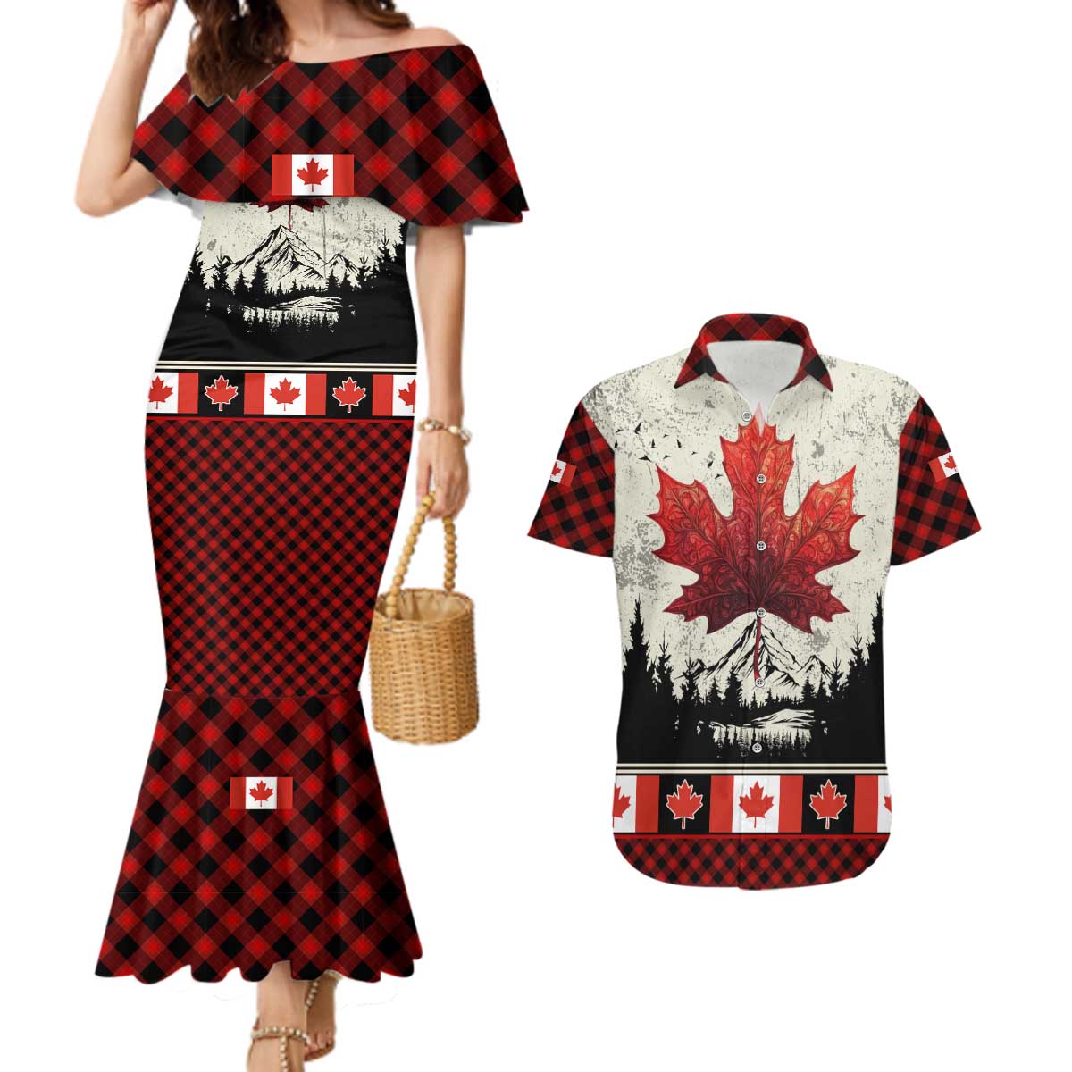 Canada Flag Couples Matching Mermaid Dress and Hawaiian Shirt Maple Leaf & Plaid Pattern Design