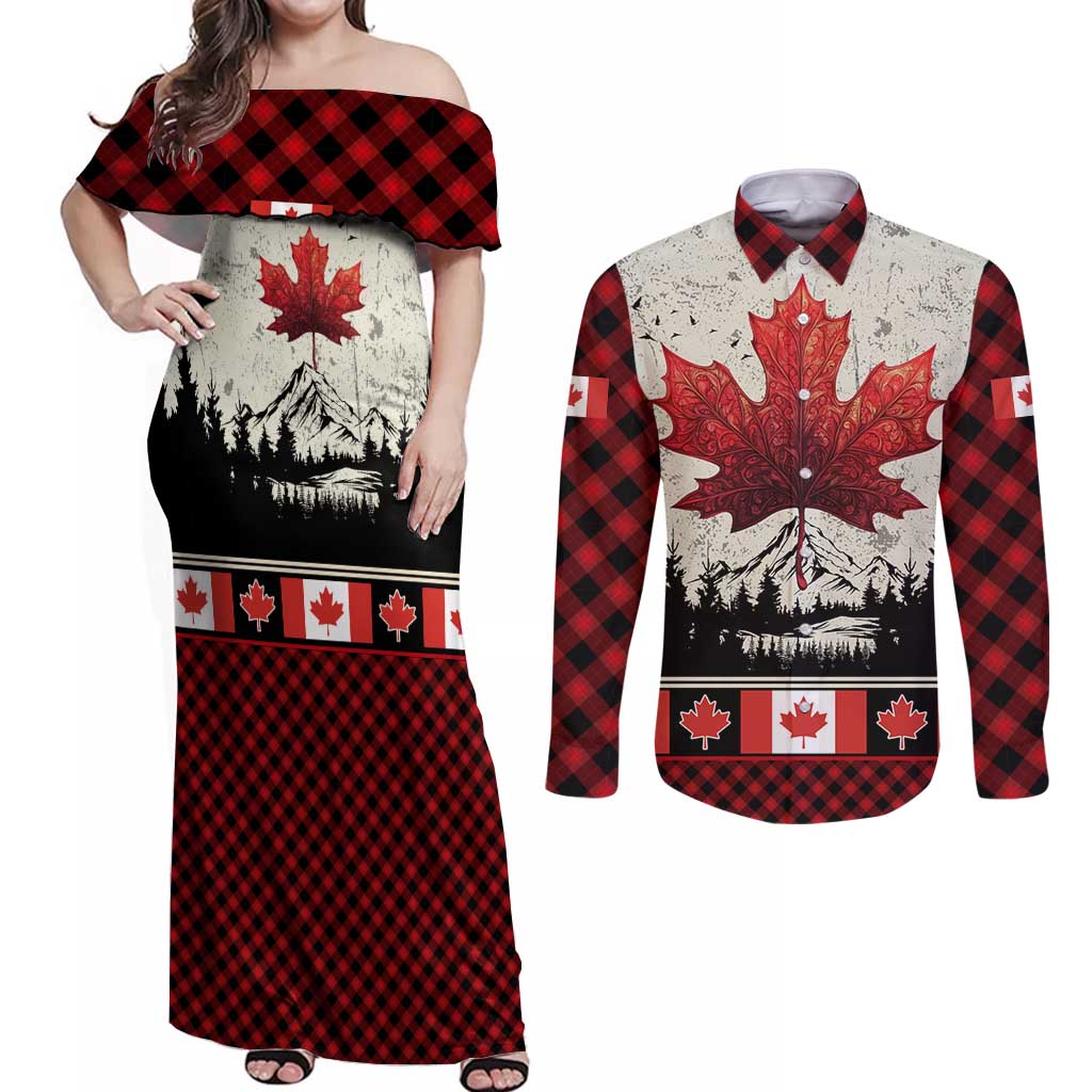 Canada Flag Couples Matching Off Shoulder Maxi Dress and Long Sleeve Button Shirt Maple Leaf & Plaid Pattern Design