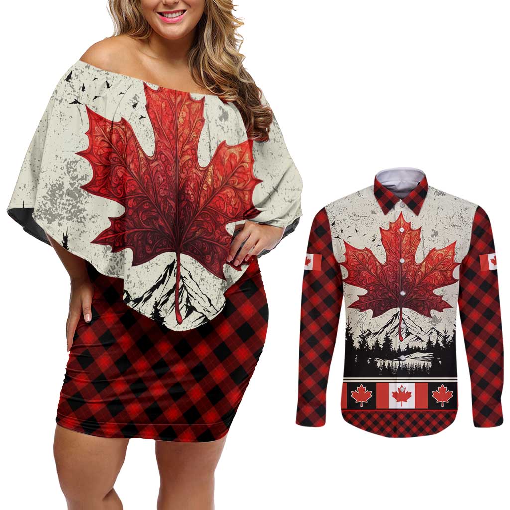 Canada Flag Couples Matching Off Shoulder Short Dress and Long Sleeve Button Shirt Maple Leaf & Plaid Pattern Design