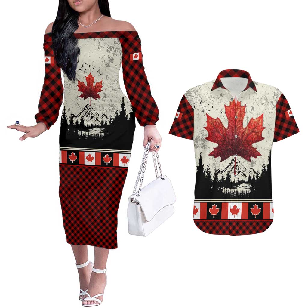 Canada Flag Couples Matching Off The Shoulder Long Sleeve Dress and Hawaiian Shirt Maple Leaf & Plaid Pattern Design