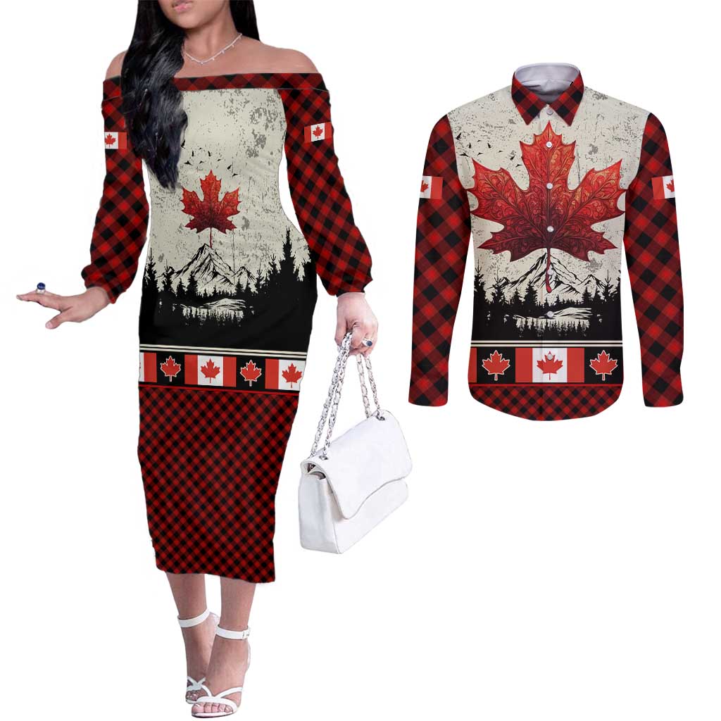 Canada Flag Couples Matching Off The Shoulder Long Sleeve Dress and Long Sleeve Button Shirt Maple Leaf & Plaid Pattern Design