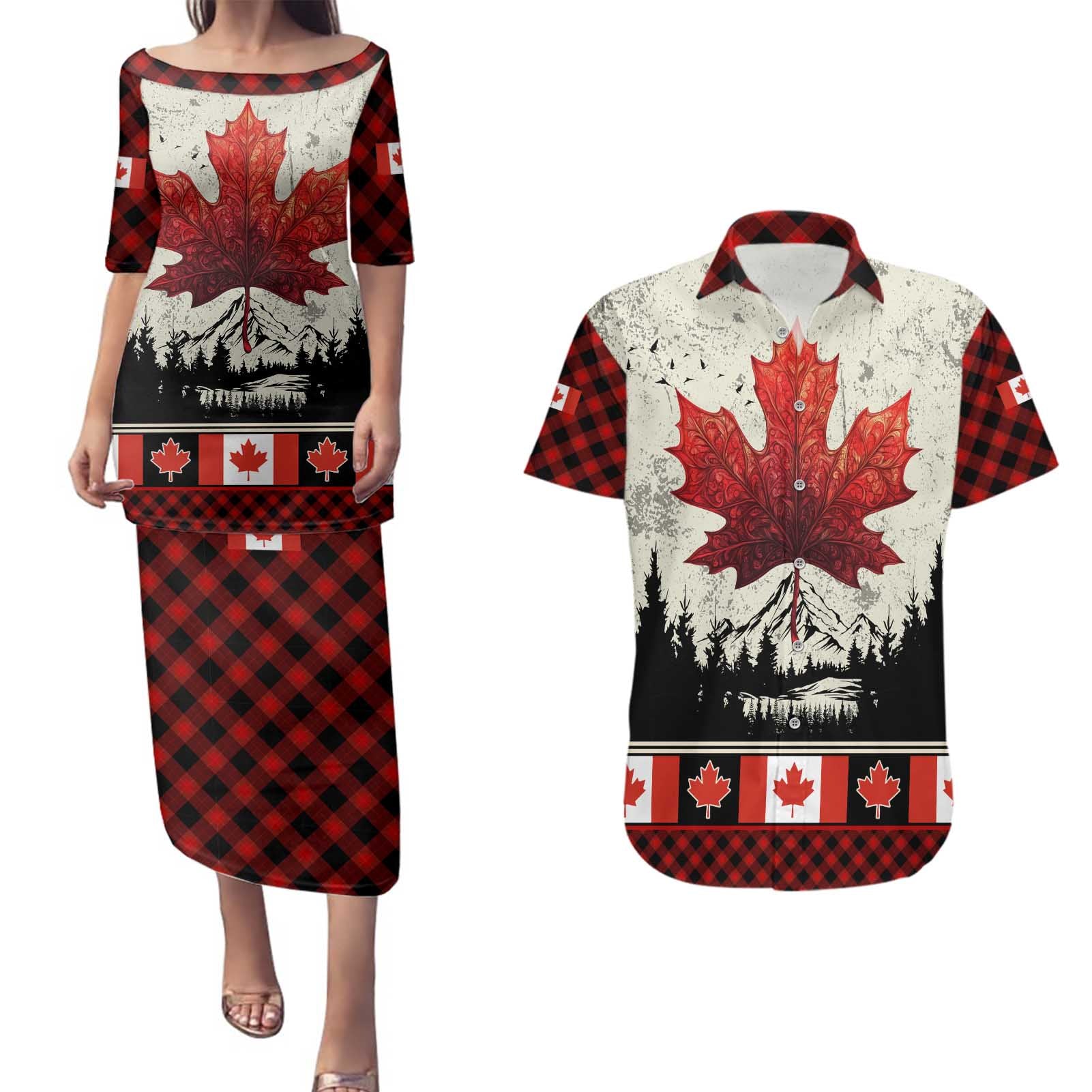 Canada Flag Couples Matching Puletasi and Hawaiian Shirt Maple Leaf & Plaid Pattern Design