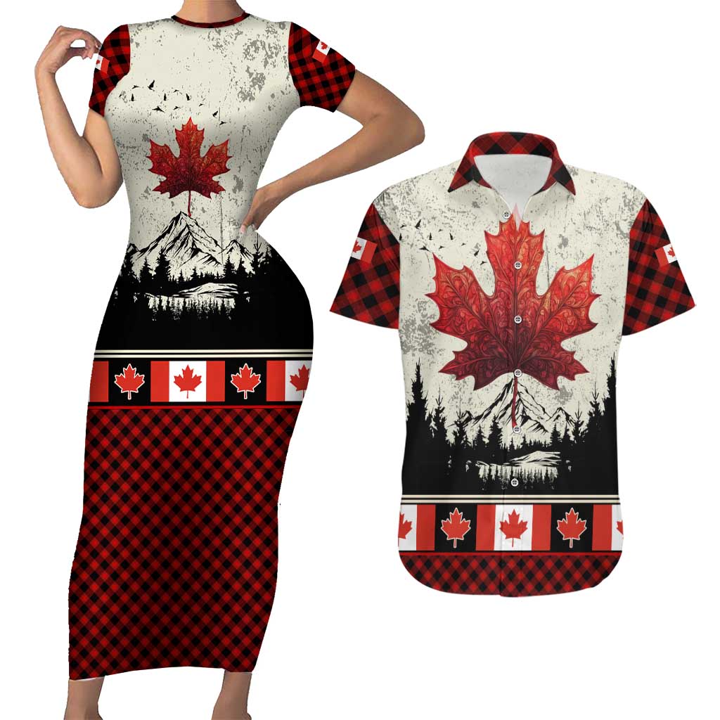 Canada Flag Couples Matching Short Sleeve Bodycon Dress and Hawaiian Shirt Maple Leaf & Plaid Pattern Design