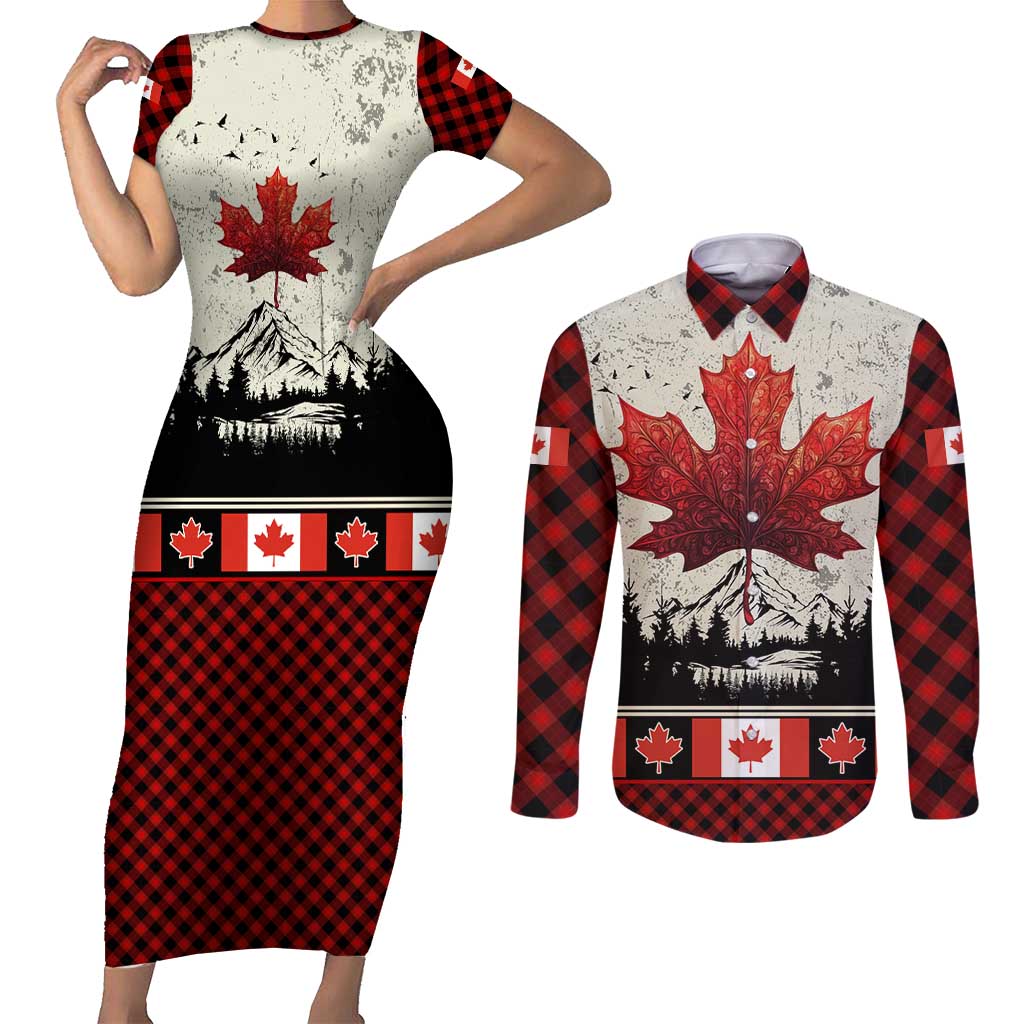 Canada Flag Couples Matching Short Sleeve Bodycon Dress and Long Sleeve Button Shirt Maple Leaf & Plaid Pattern Design