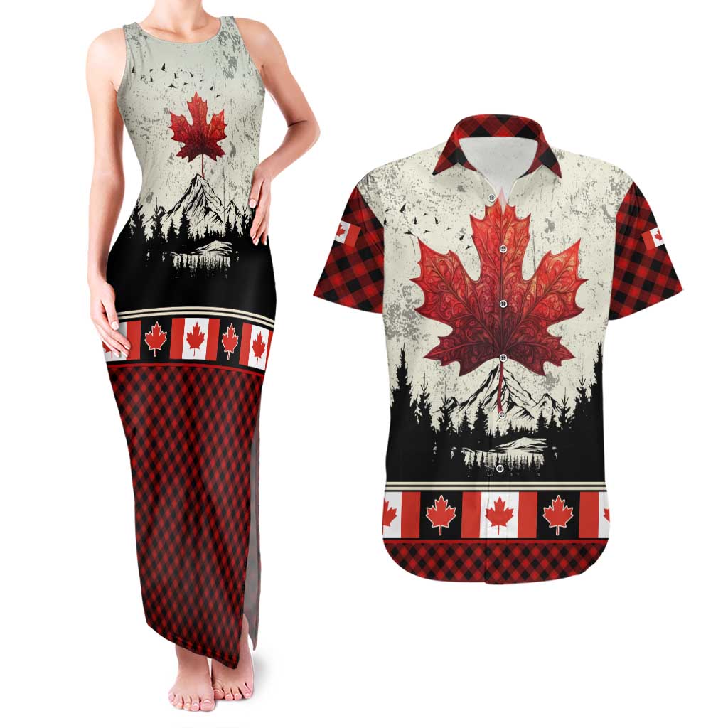 Canada Flag Couples Matching Tank Maxi Dress and Hawaiian Shirt Maple Leaf & Plaid Pattern Design