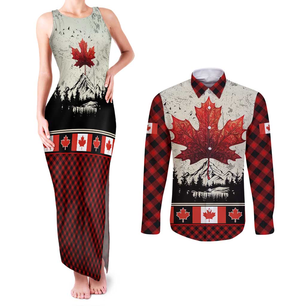 Canada Flag Couples Matching Tank Maxi Dress and Long Sleeve Button Shirt Maple Leaf & Plaid Pattern Design