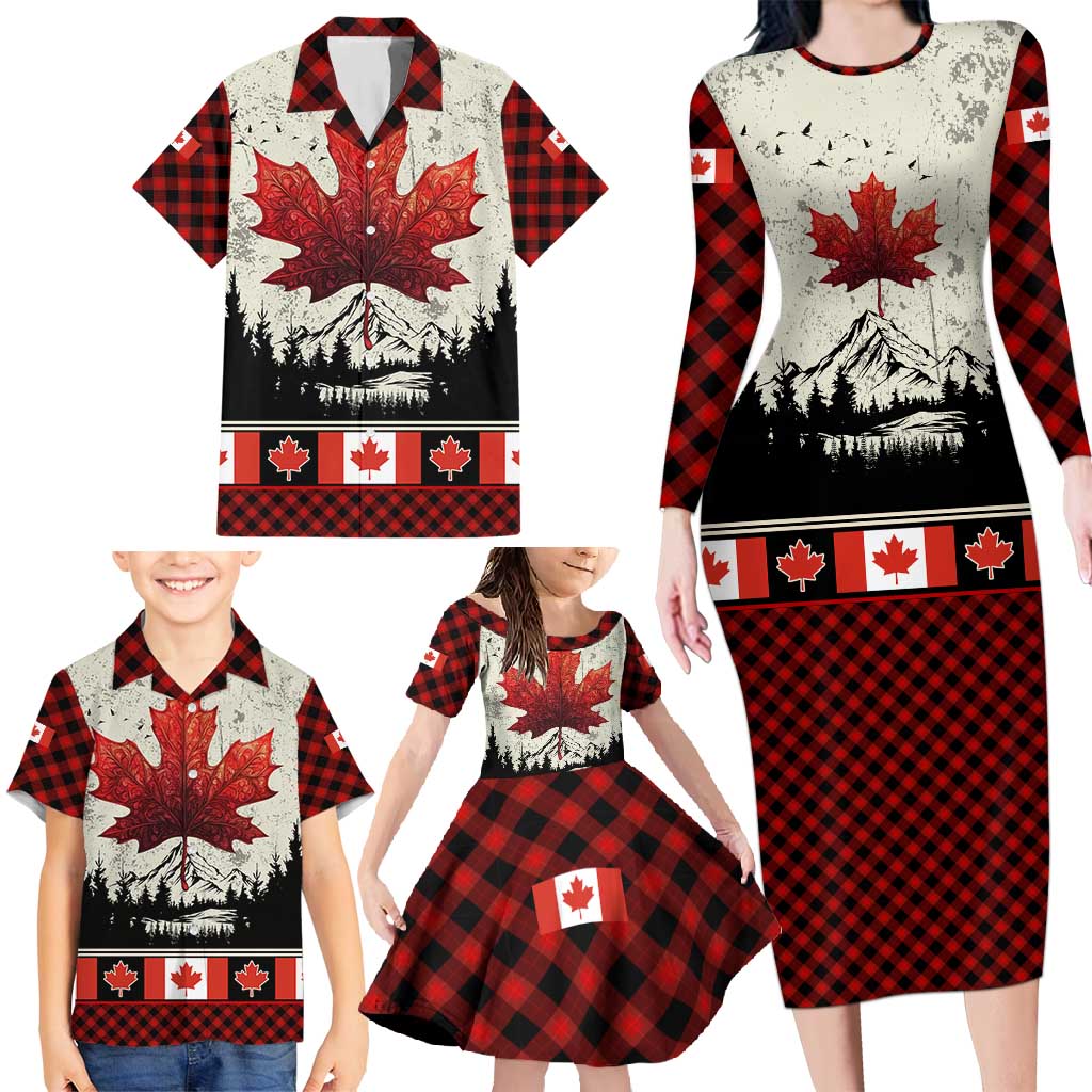 Canada Flag Family Matching Long Sleeve Bodycon Dress and Hawaiian Shirt Maple Leaf & Plaid Pattern Design