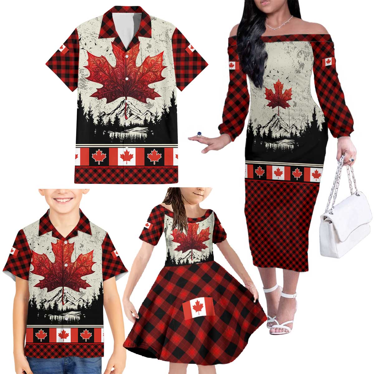 Canada Flag Family Matching Off The Shoulder Long Sleeve Dress and Hawaiian Shirt Maple Leaf & Plaid Pattern Design