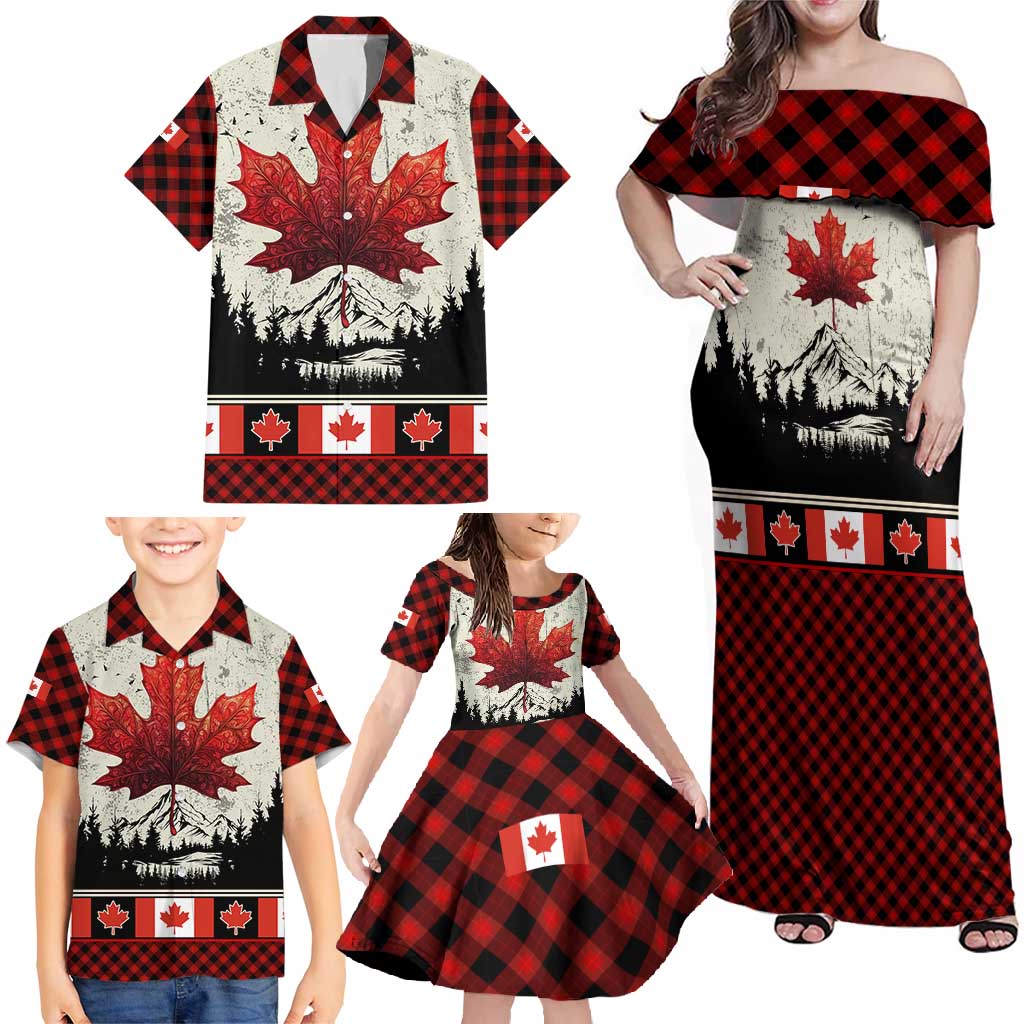 Canada Flag Family Matching Off Shoulder Maxi Dress and Hawaiian Shirt Maple Leaf & Plaid Pattern Design