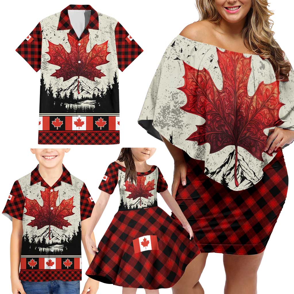 Canada Flag Family Matching Off Shoulder Short Dress and Hawaiian Shirt Maple Leaf & Plaid Pattern Design