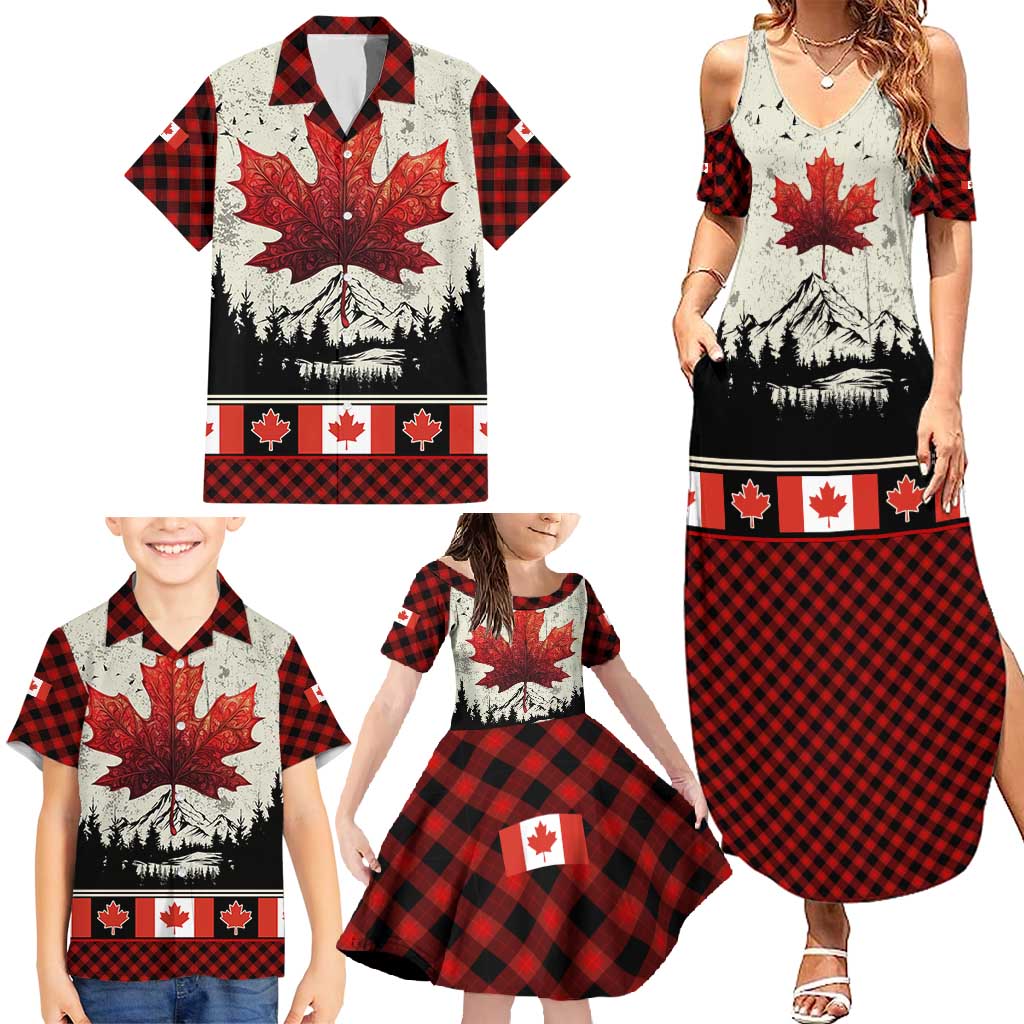 Canada Flag Family Matching Summer Maxi Dress and Hawaiian Shirt Maple Leaf & Plaid Pattern Design