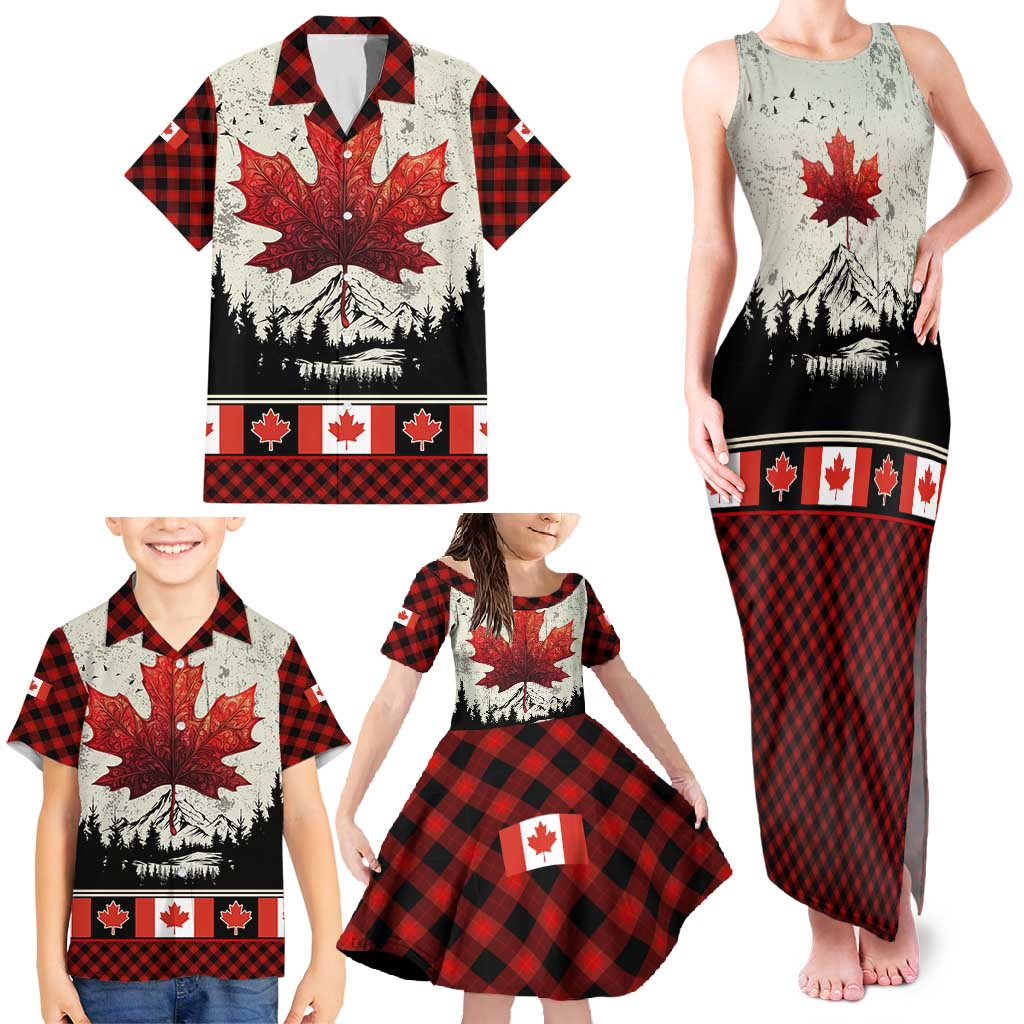 Canada Flag Family Matching Tank Maxi Dress and Hawaiian Shirt Maple Leaf & Plaid Pattern Design