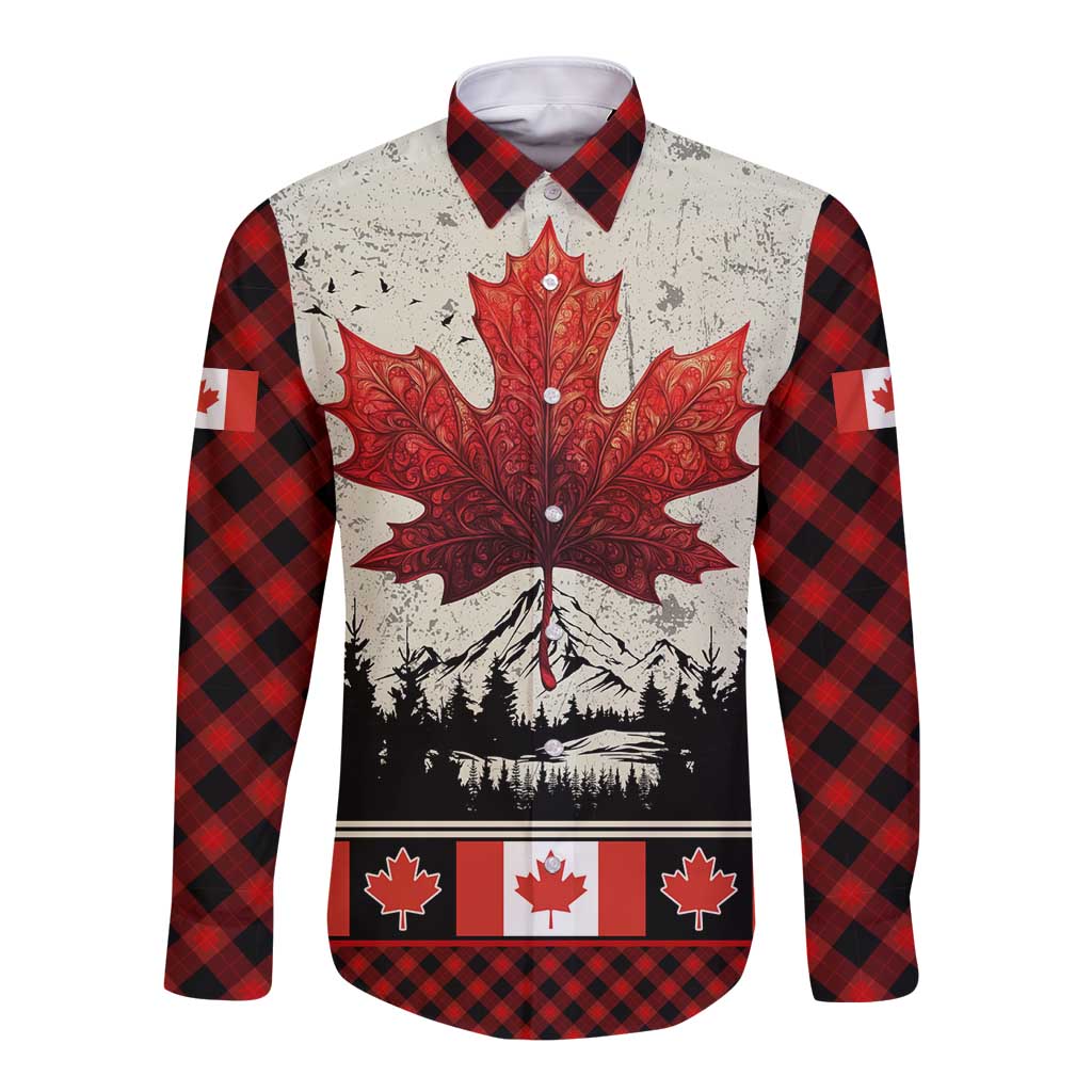 Canada Flag Long Sleeve Button Shirt Maple Leaf & Plaid Pattern Design