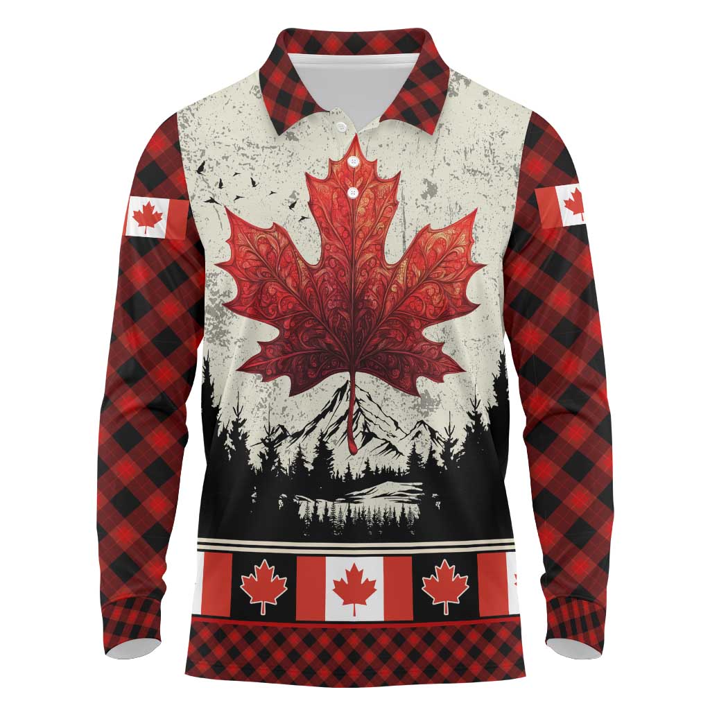 Canada Flag Long Sleeve Polo Shirt Maple Leaf & Plaid Pattern Design