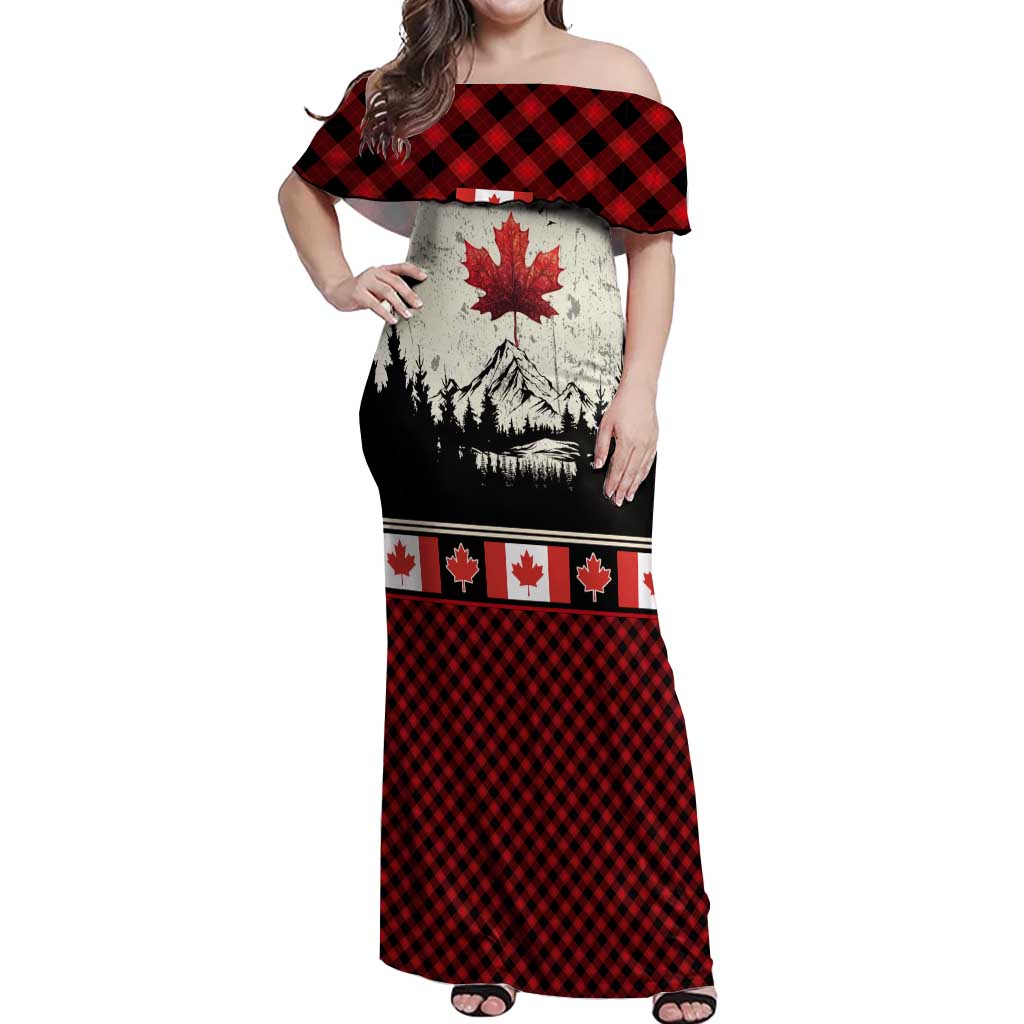 Canada Flag Off Shoulder Maxi Dress Maple Leaf & Plaid Pattern Design