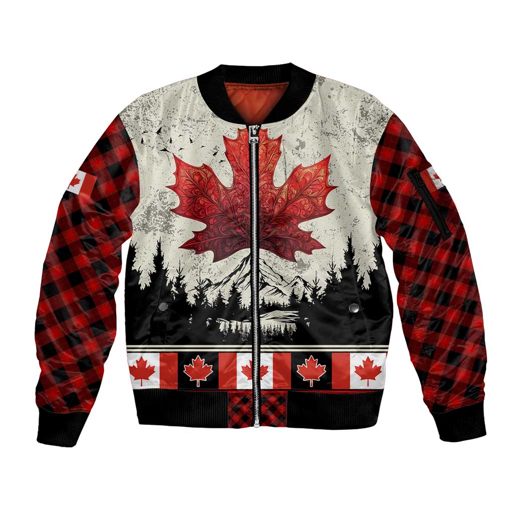 Canada Flag Sleeve Zip Bomber Jacket Maple Leaf & Plaid Pattern Design