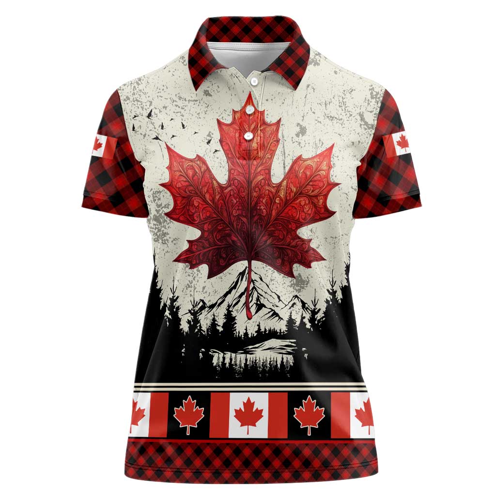 Canada Flag Women Polo Shirt Maple Leaf & Plaid Pattern Design