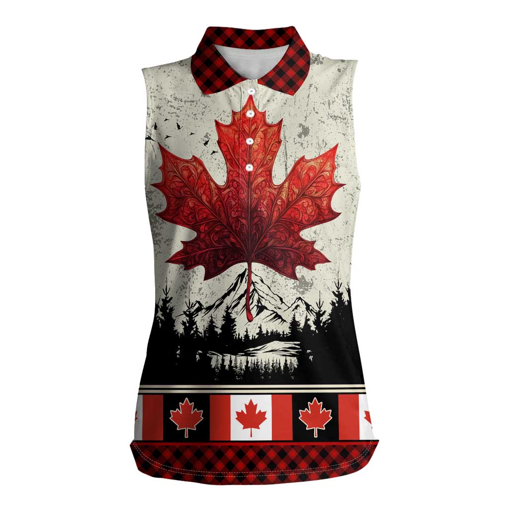 Canada Flag Women Sleeveless Polo Shirt Maple Leaf & Plaid Pattern Design