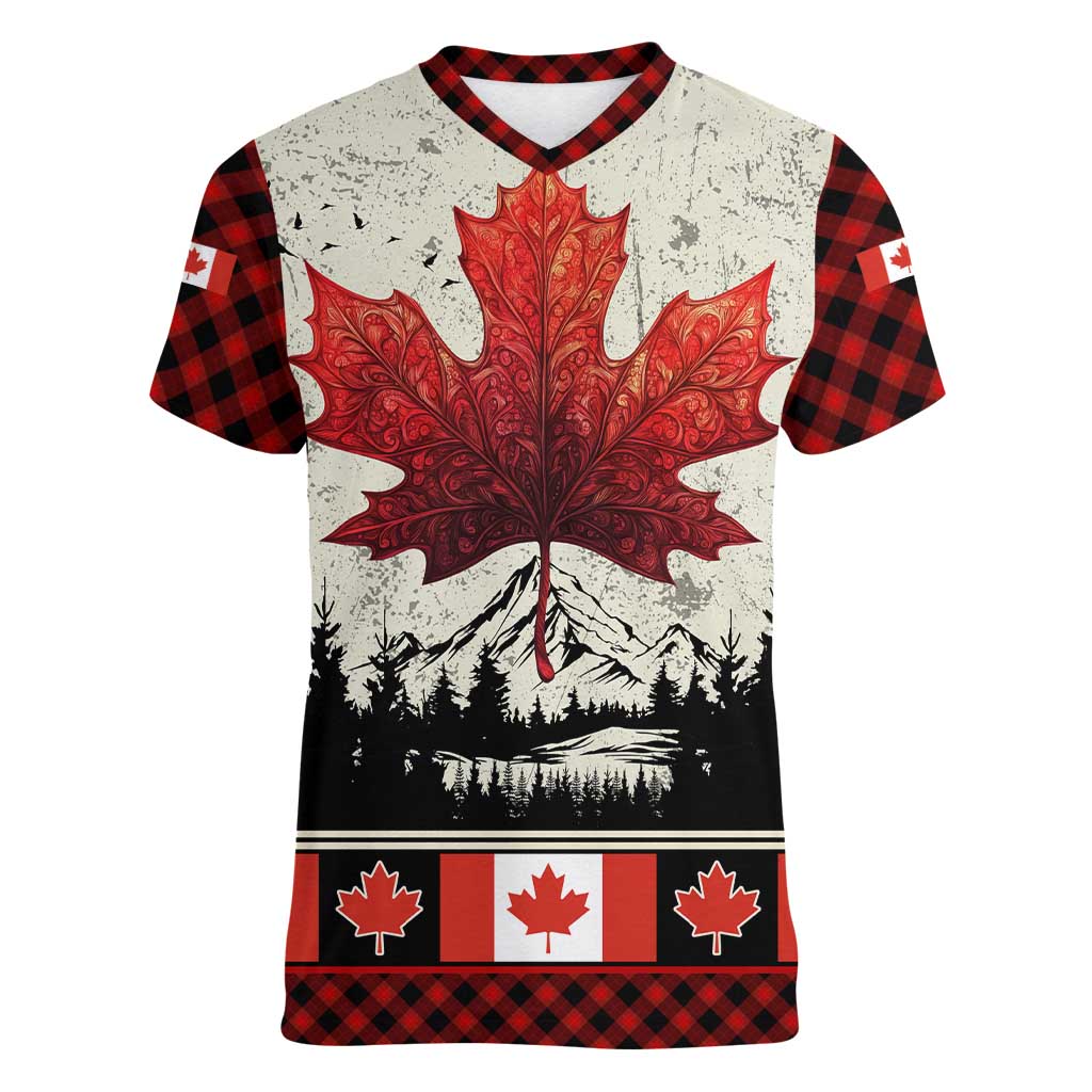 Canada Flag Women V-Neck T-Shirt Maple Leaf & Plaid Pattern Design