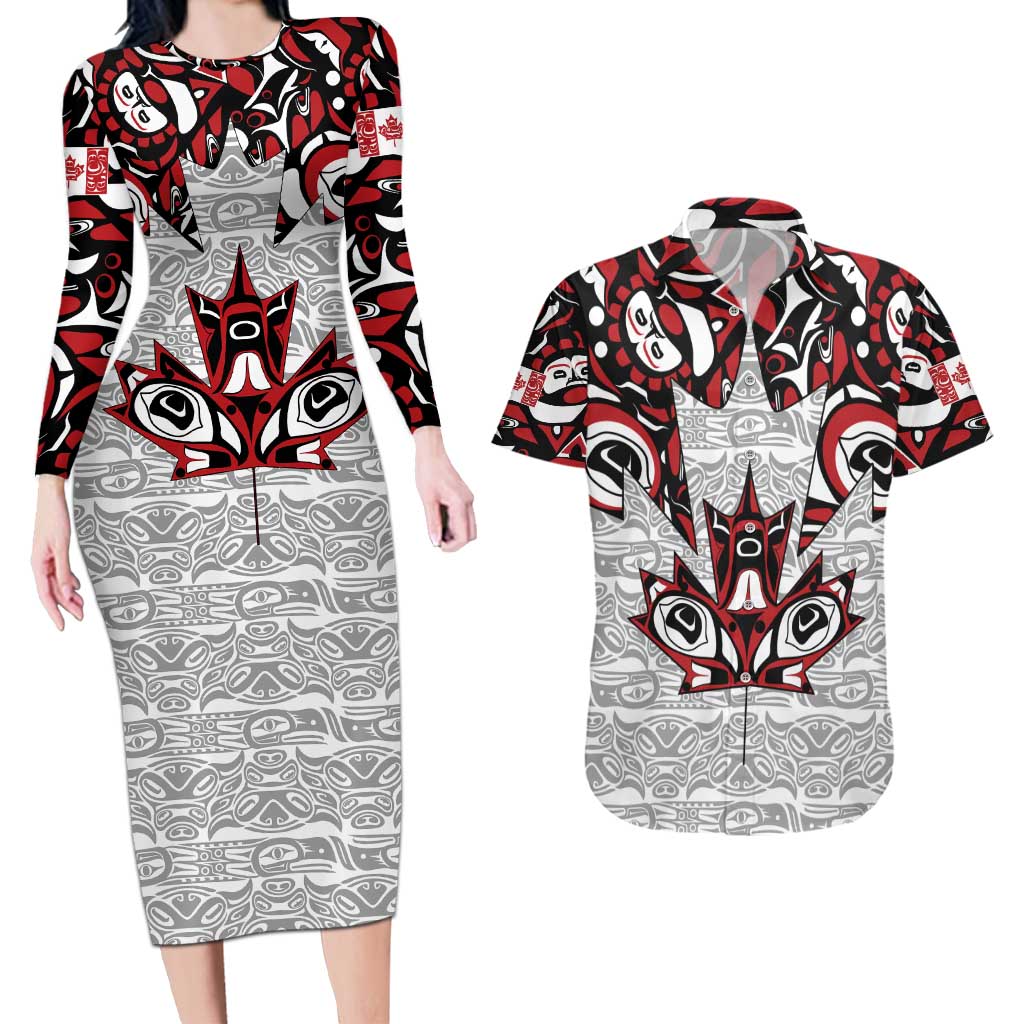 Canada Couples Matching Long Sleeve Bodycon Dress and Hawaiian Shirt Haida Art-Inspired Pattern Design