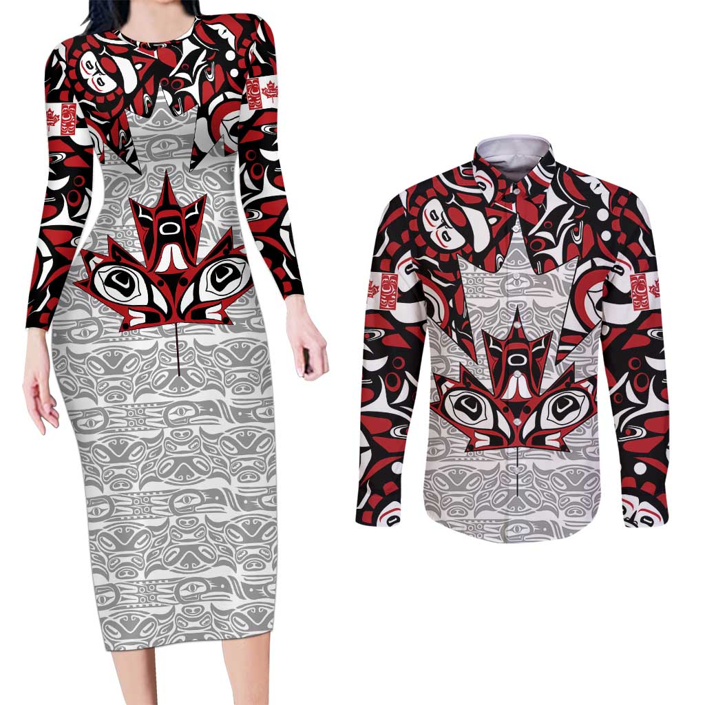 Canada Couples Matching Long Sleeve Bodycon Dress and Long Sleeve Button Shirt Haida Art-Inspired Pattern Design