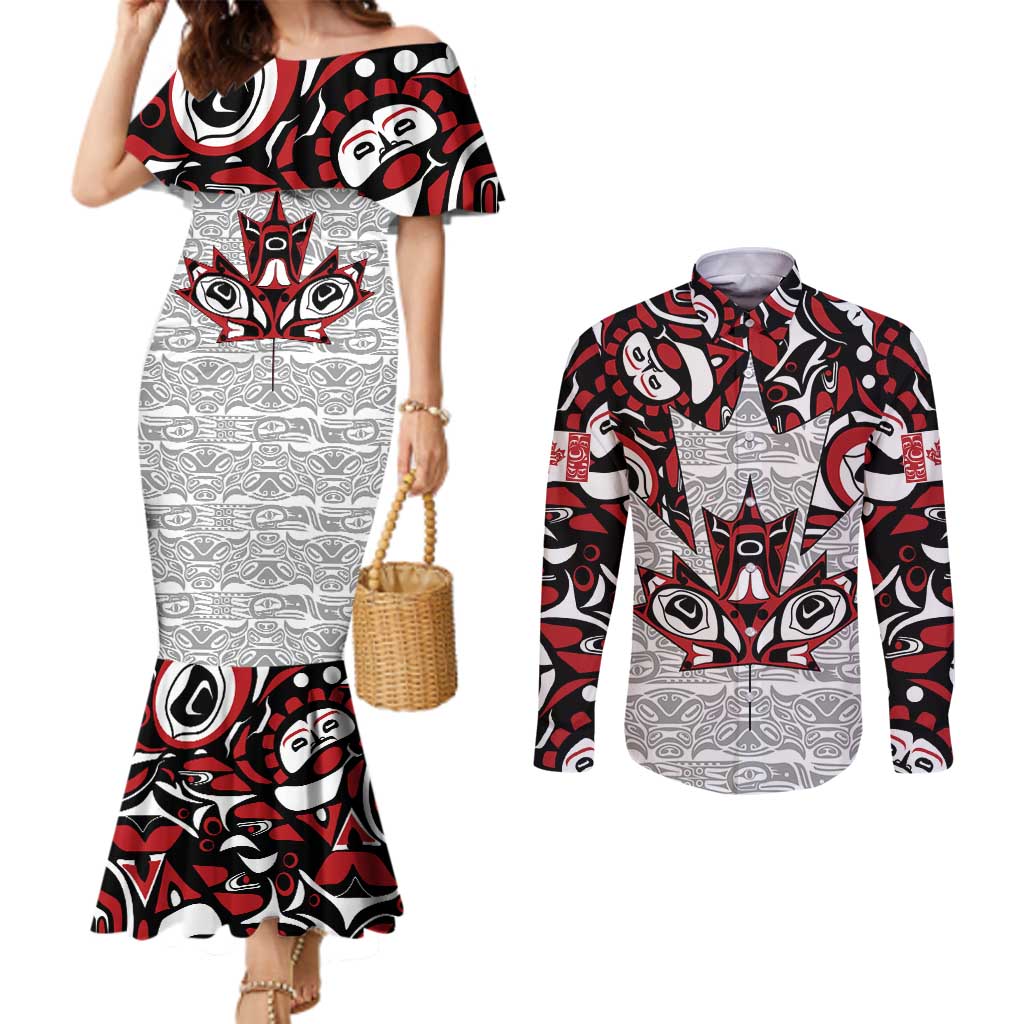 Canada Couples Matching Mermaid Dress and Long Sleeve Button Shirt Haida Art-Inspired Pattern Design