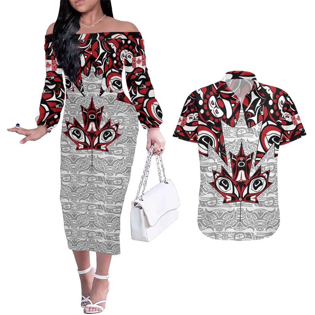 Canada Couples Matching Off The Shoulder Long Sleeve Dress and Hawaiian Shirt Haida Art-Inspired Pattern Design