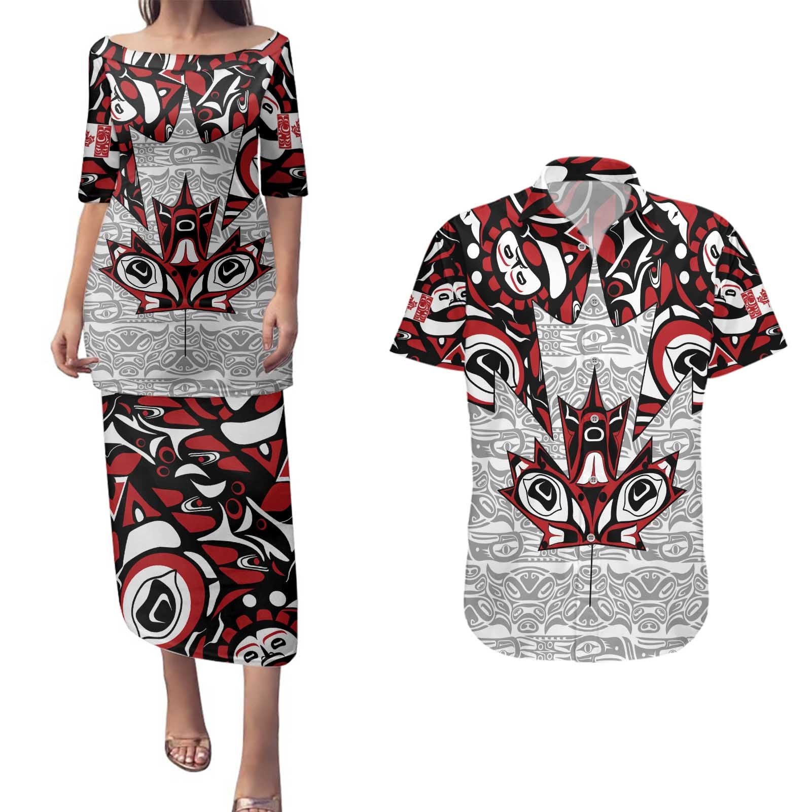 Canada Couples Matching Puletasi and Hawaiian Shirt Haida Art-Inspired Pattern Design