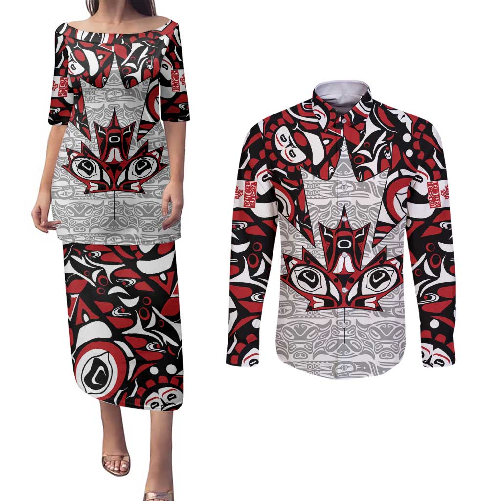 Canada Couples Matching Puletasi and Long Sleeve Button Shirt Haida Art-Inspired Pattern Design