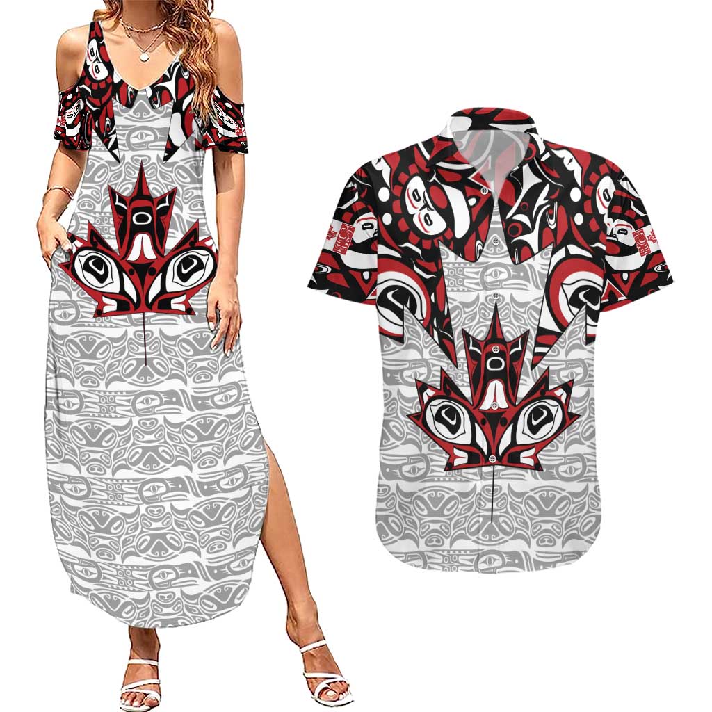 Canada Couples Matching Summer Maxi Dress and Hawaiian Shirt Haida Art-Inspired Pattern Design