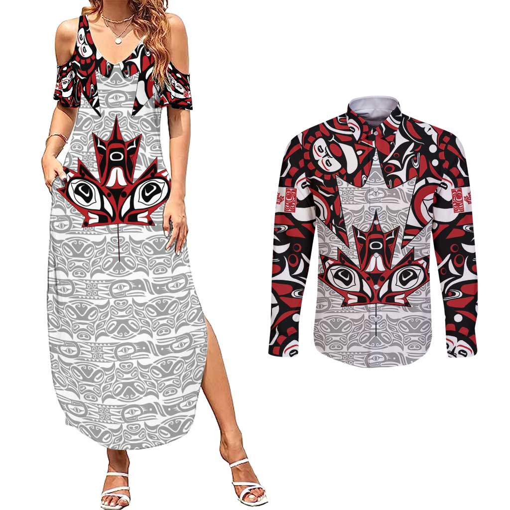 Canada Couples Matching Summer Maxi Dress and Long Sleeve Button Shirt Haida Art-Inspired Pattern Design