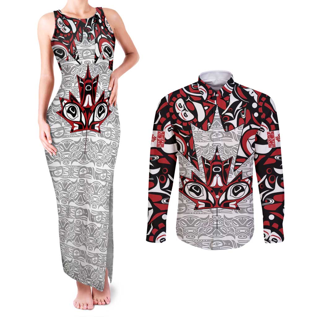 Canada Couples Matching Tank Maxi Dress and Long Sleeve Button Shirt Haida Art-Inspired Pattern Design